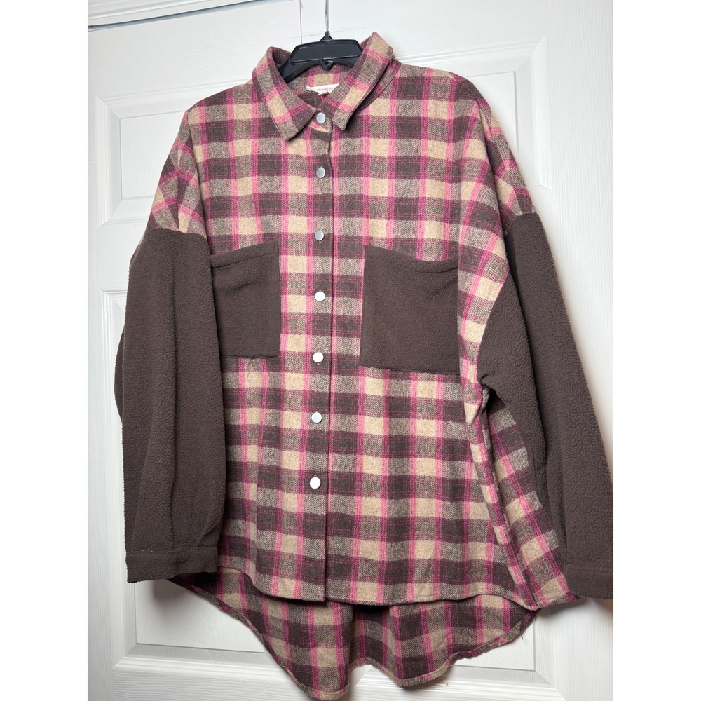 Peach Love California Plaid Fleece Mixed Media Shacket Pink‎ Brown Womens Large